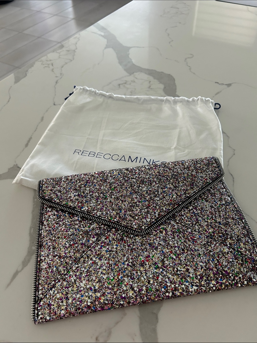 Rebecca Minkoff Silver Multi-Color Glitter Envelope Clutch With Zipper Trim